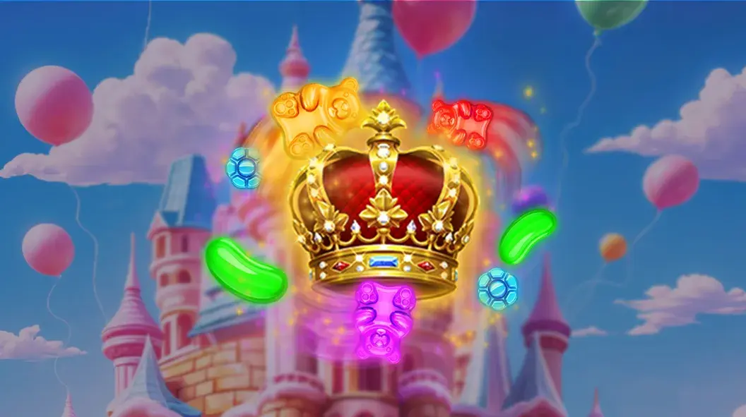 NV Casino – złota korona z klejnotami i kolorowymi żelkami na tle bajkowego zamku